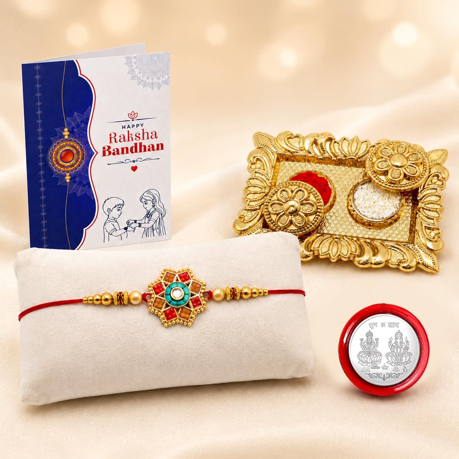Flower Rakhi for Brother with Pooja Thali, Roli Tikka & Greeting Card | Pack of 5