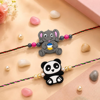 Multicolor Panda Rakhi for Brother with Roli Tikka, Pooja Coin & Card, Pack of 5