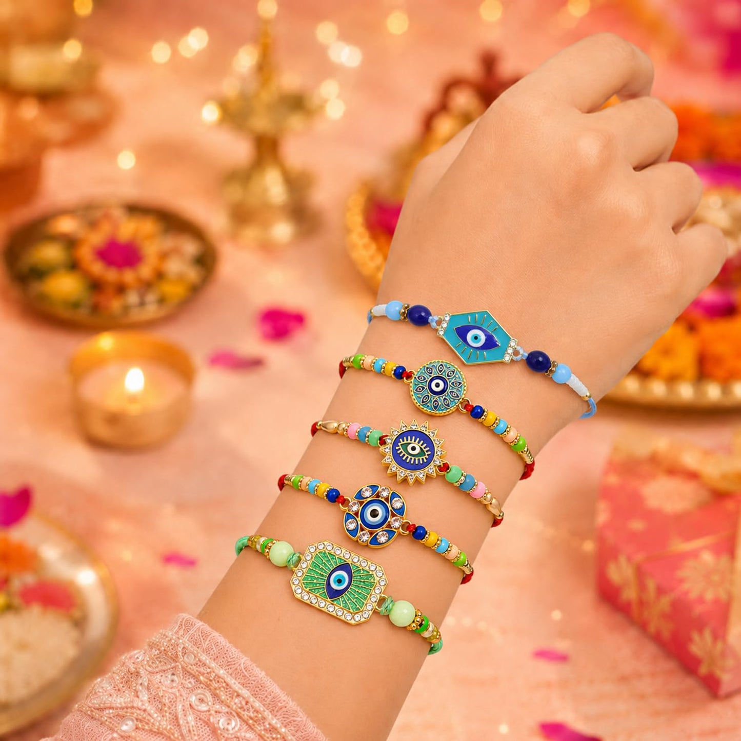 Designer Attractive Rakhi for Brother with Roli Tikka & Greeting Card, Pack of 8