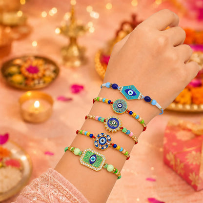 Designer Attractive Rakhi for Brother with Roli Tikka & Greeting Card, Pack of 8
