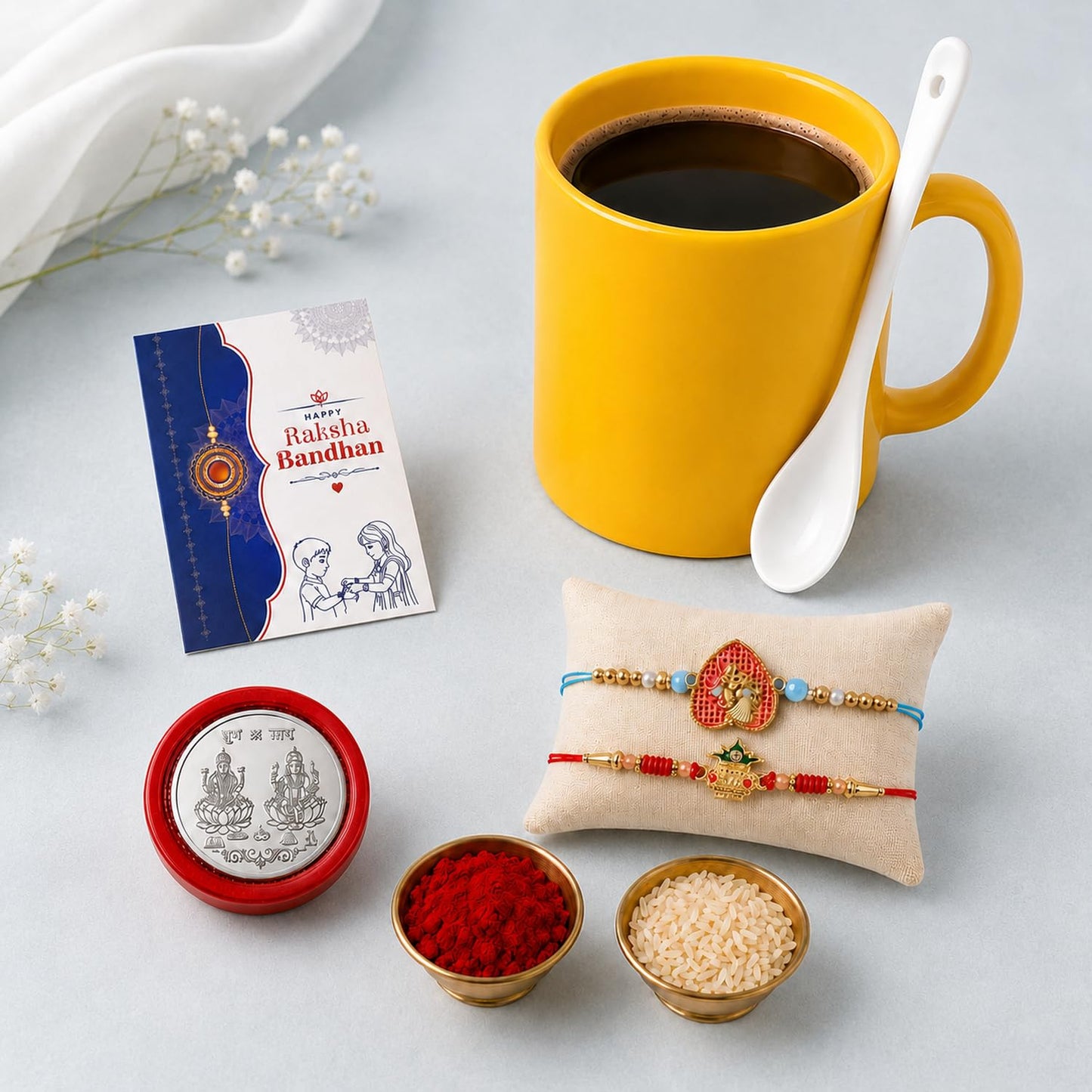 Radha Multicolor Rakhi & Coffee Mug – Raksha Bandhan Gift Combo for Bhai (Pack of 6)