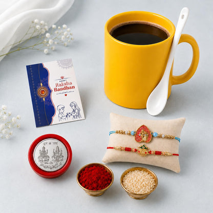 Radha Multicolor Rakhi & Coffee Mug – Raksha Bandhan Gift Combo for Bhai (Pack of 6)