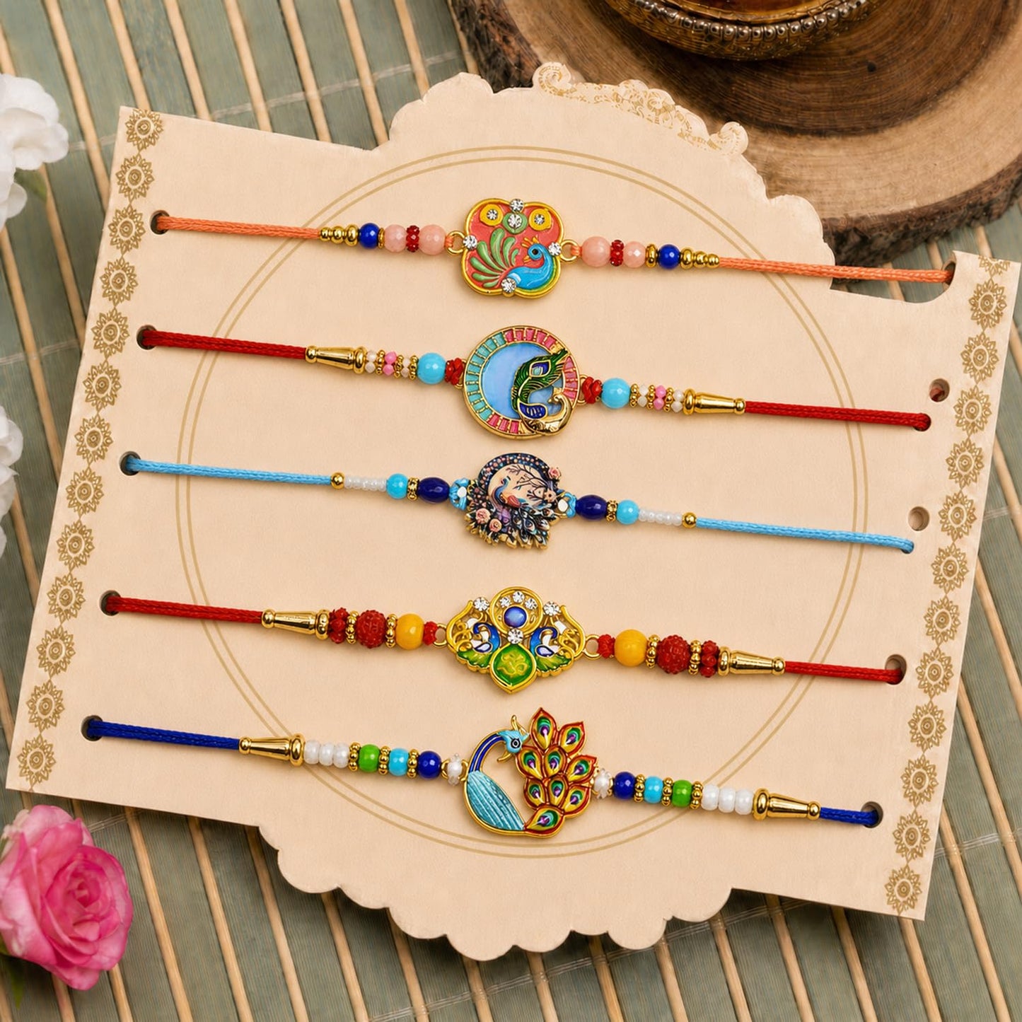 Elegant Adorable Rakhi for Brother with Roli Tikka, Pooja Coin & Card, Pack of 8