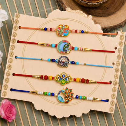 Elegant Adorable Rakhi for Brother with Roli Tikka, Pooja Coin & Card, Pack of 8