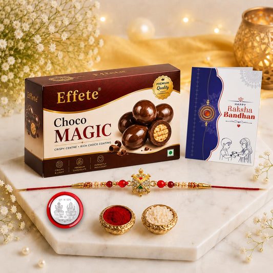 Rakhi with Chocolate for Brother – Raksha Bandhan Combo with Turtle Design Rakhi, Chocolate, Roli Chawal, Silver Color Pooja Coin & Greeting Card – Traditional Festival Celebration (Set of 5)