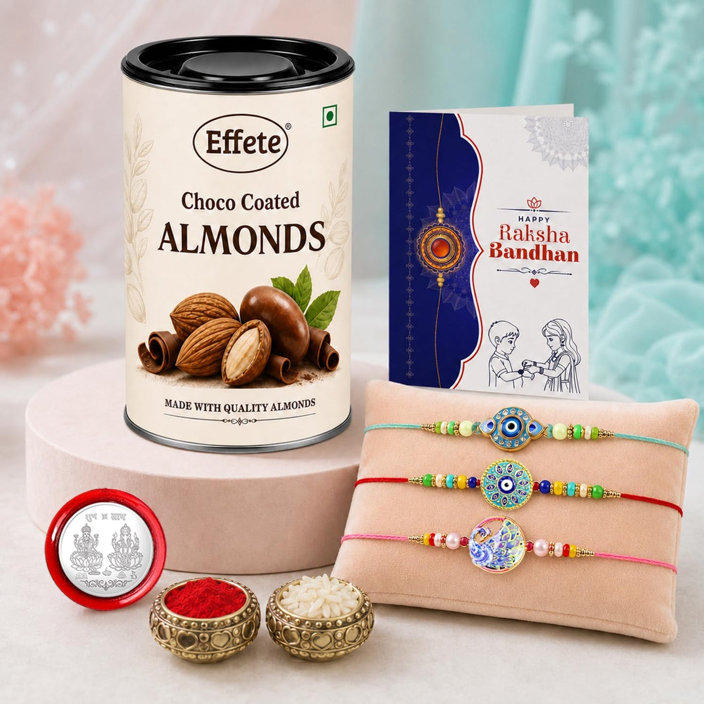 Evil Eye Rakhi for Brother with Choco Almonds 96gm, Roli Tikka & Card, Pack of 7