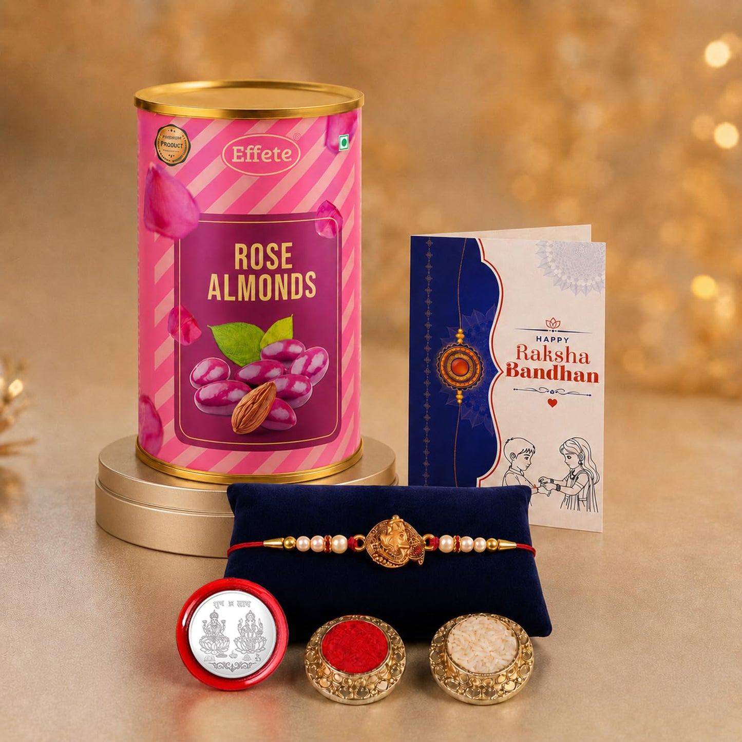 Ganesha Shape Rakhi for Brother with Rose Almond 96gm, Coin & Card, Pack of 5