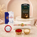 Round Rakhi for Brother with Chocolate Magic 96gm, Roli Tikka & Card | Pack of 5