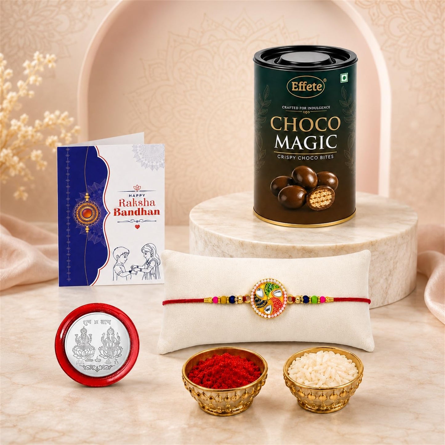 Round Rakhi for Brother with Chocolate Magic 96gm, Roli Tikka & Card | Pack of 5