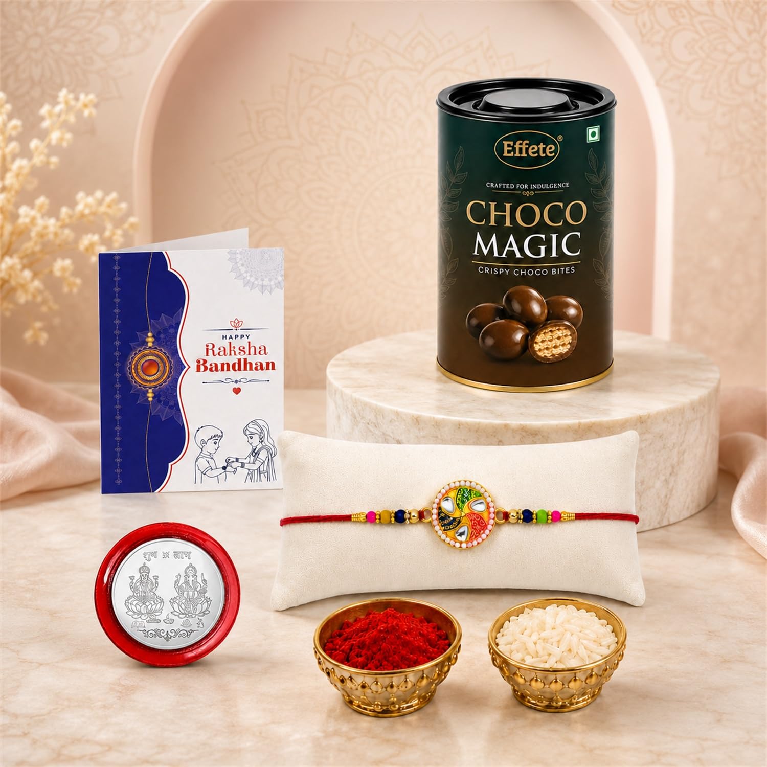 Round Rakhi for Brother with Chocolate Magic 96gm, Roli Tikka & Card | Pack of 5