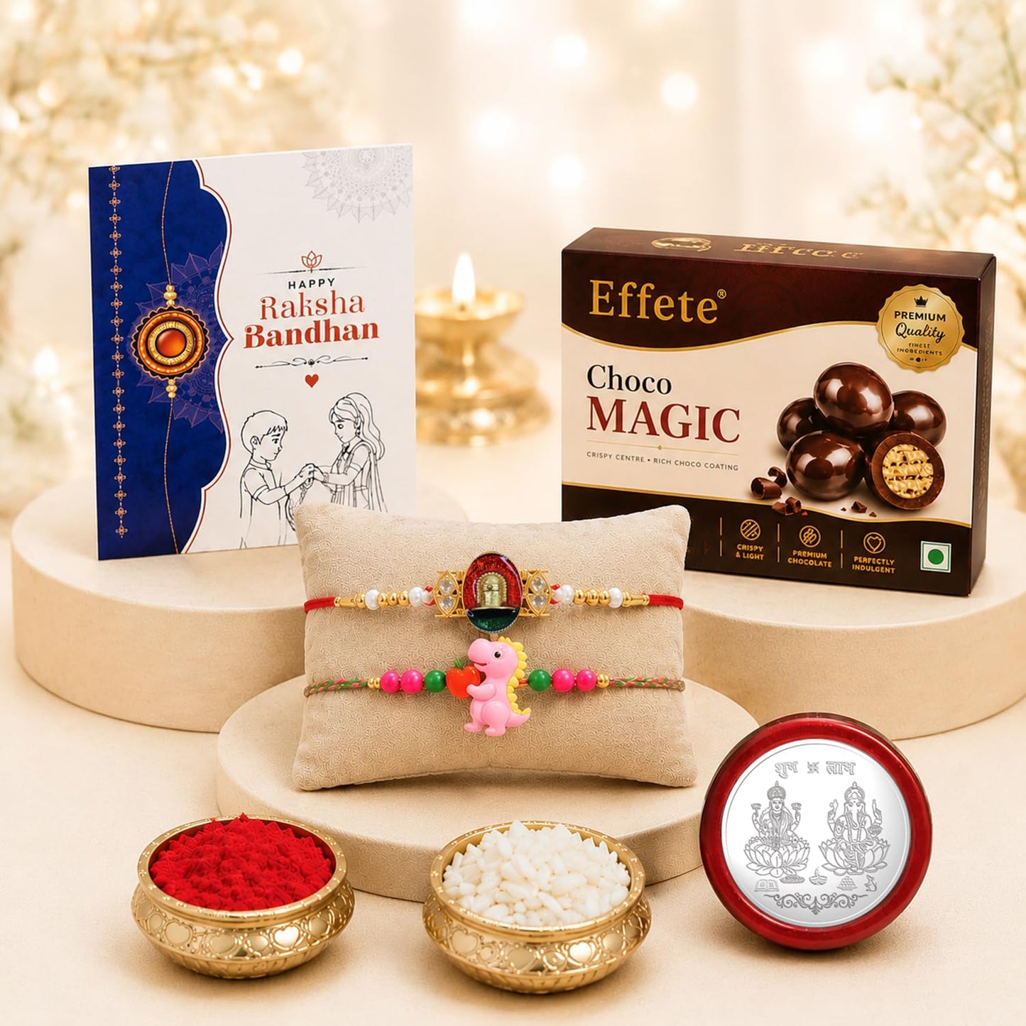 Designer Rakhi for Brother with Choco Magic 96gm, Roli Tikka & Card, Pack of 6