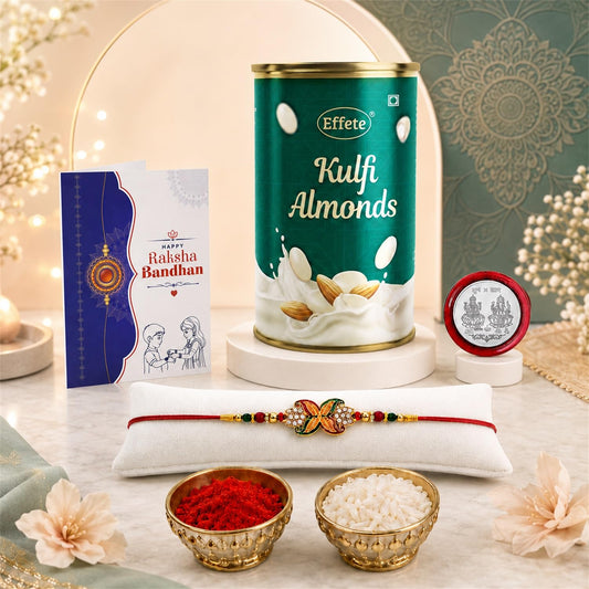 Multicolor Multicolor Rakhi & Kulfi Almonds 96gm with Roli Chawal, Silver Color Pooja Coin & Greeting Card, rakhi combo for brother, Rakshbandhan Combo, Pack of 5 For Raksha Bandhan