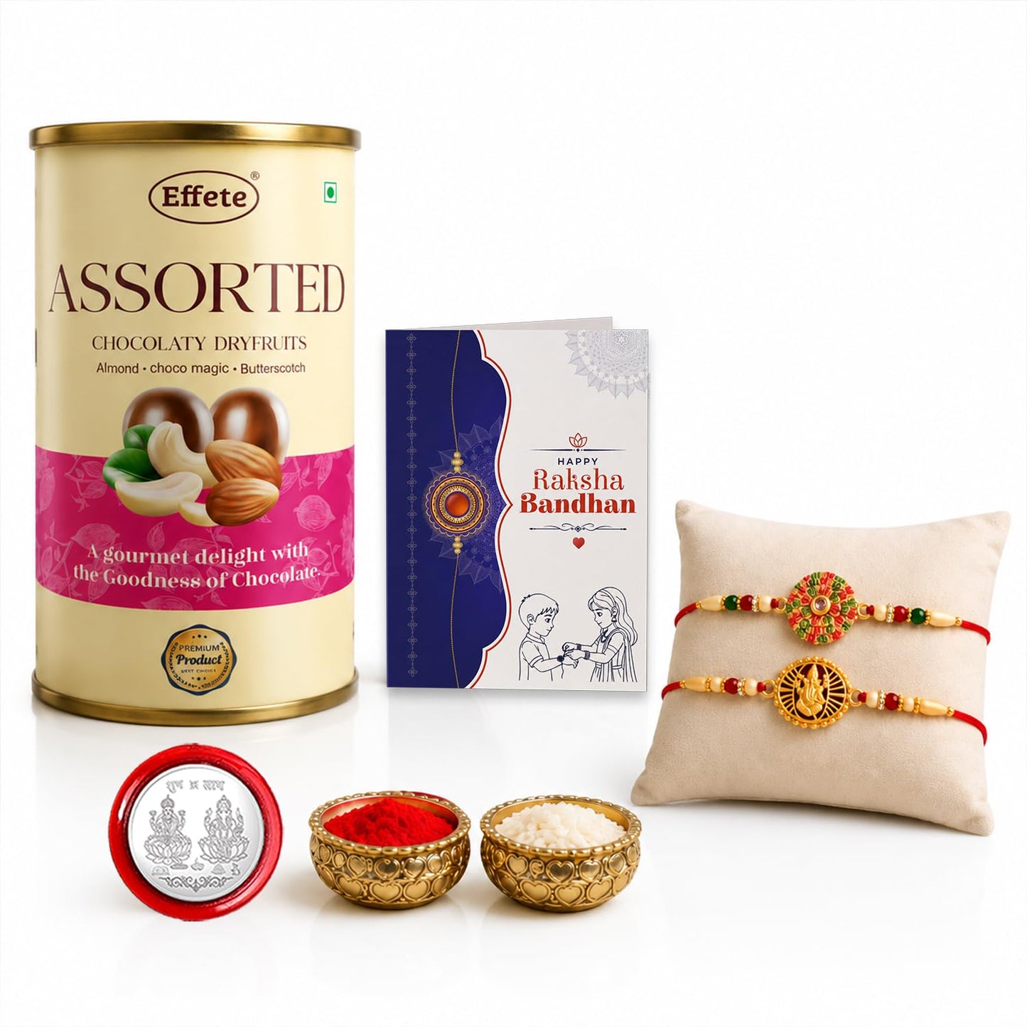 Floral Rakhi for Brother with Emperor Chocolate, Roli Tikka & Card | Pack of 6