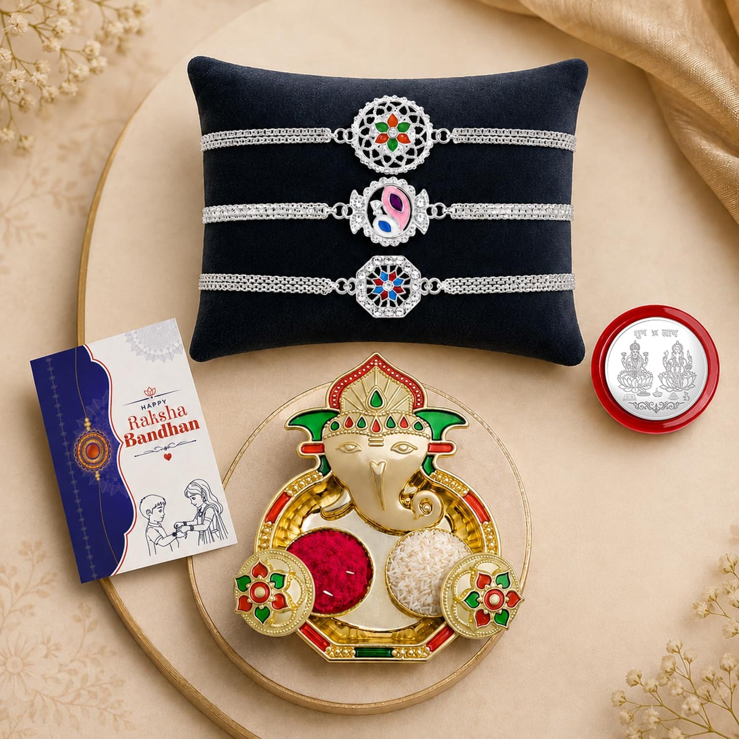 Silver Round, Silver Floral Multicolor Rakhi for Brother & Bhaiya | Pack of 7
