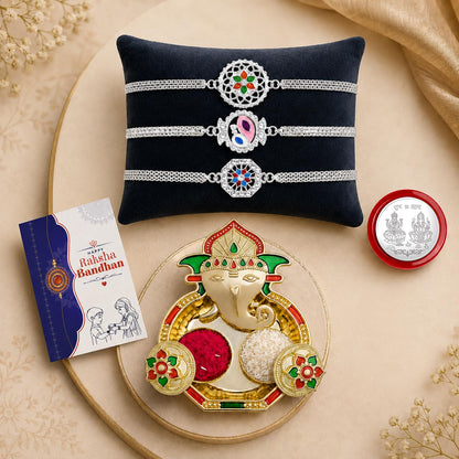Silver Round, Silver Floral Multicolor Rakhi for Brother & Bhaiya | Pack of 7