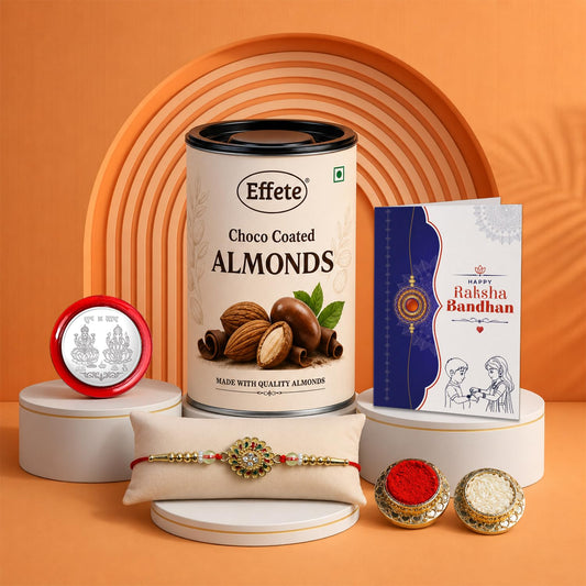 Floral Rakhi for Brother with Choco Almonds 96gm, Roli Tikka & Card, Pack of 5