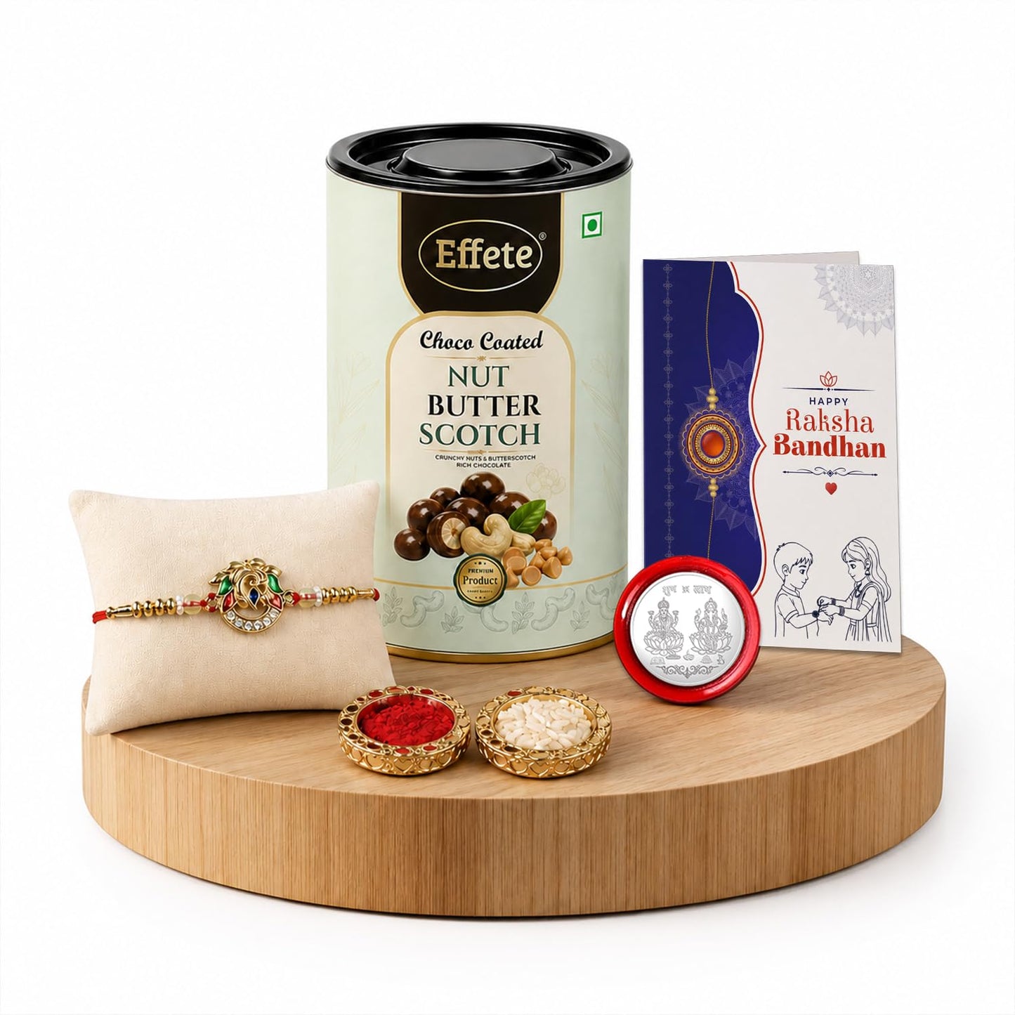 Peacock Rakhi for Brother with Butter Scotch 96gm, Roli Tikka & Card - Pack of 5