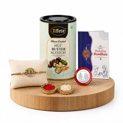 Peacock Rakhi for Brother with Butter Scotch 96gm, Roli Tikka & Card - Pack of 5