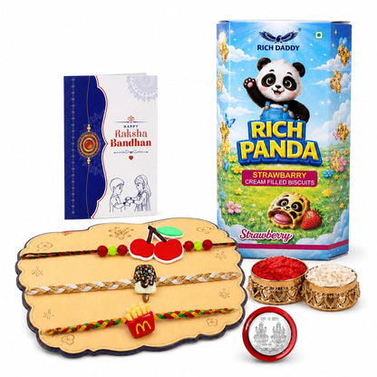 Fruit Rakhi for Brother with Strawberry Biscuit 60gm, Coin & Card | Pack of 7