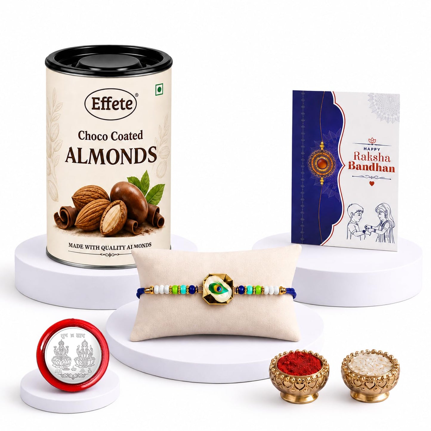 Peacock Rakhi for Brother with Choco Almonds 96gm, Roli Tikka & Card - Pack of 5