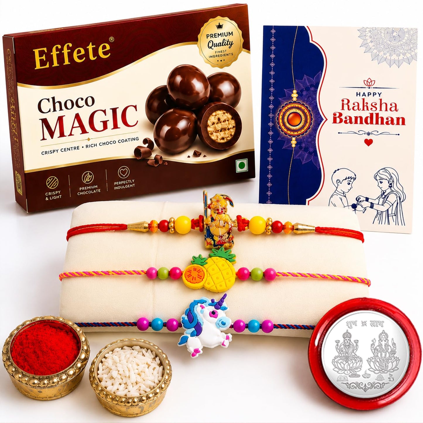 Pineapple Rakhi for Brother with Choco Magic 96gm, Roli Tikka & Card, Pack of 7
