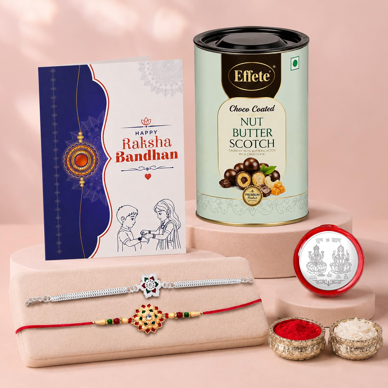 Flower Rakhi for Brother with Butter Scotch 96gm, Roli Tikka & Card, Pack of 6