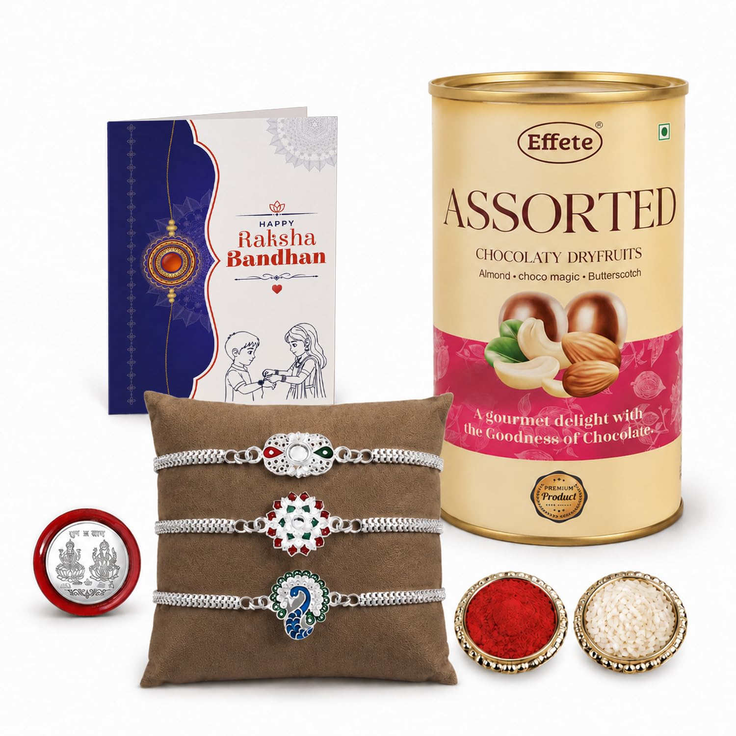 Rectangular Rakhi for Brother with Emperor Choco, Roli Tikka & Card, Pack of 7
