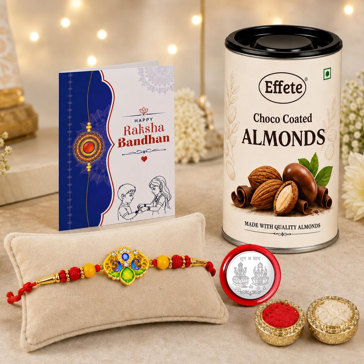 Trishul Rakhi Combo - Raksha Bandhan Gift with Choco Almonds 96gm, Pack of 5 | Rakhi Gift