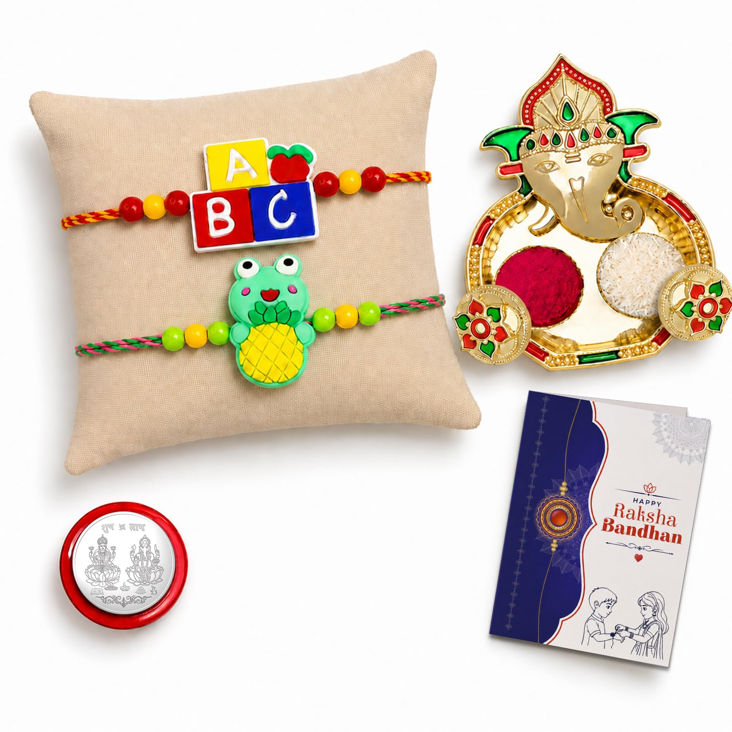 Multicolor Alphabet Blocks, Frog Bracelet/Rakhi & Shri Ganesh Pooja Thali with Silver Color Pooja Coin, Tikka/Tilak Set & Greeting Card, Rakhi Gift Hamper (Pack of 6) For Raksha Bandhan