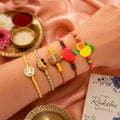 Trendy Vibrant Rakhi for Brother with Roli Tikka, Pooja Coin & Card, Pack of 8