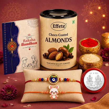 Evil Eye Rakhi for Brother with Choco Almonds 96gm, Roli Tikka & Card, Pack of 6