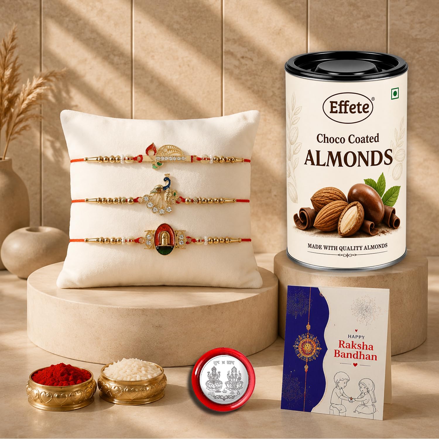 Rainbow color Rakhi for Brother with Choco Almonds 96gm, Coin & Card, Pack of 7