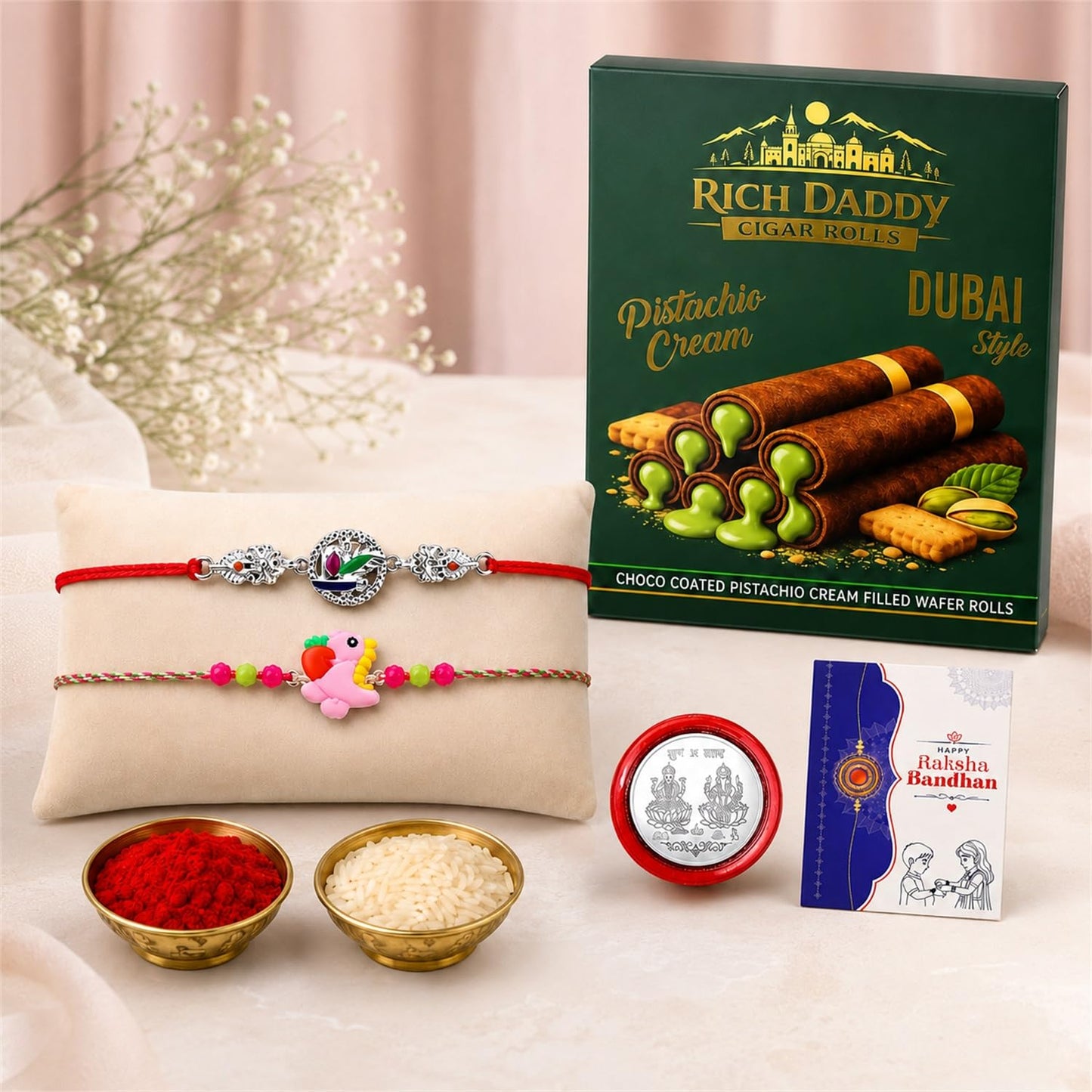 Dinosaur charm Rakhi for Brother with Pistachio Cream Wafer Rolls, Pack of 6