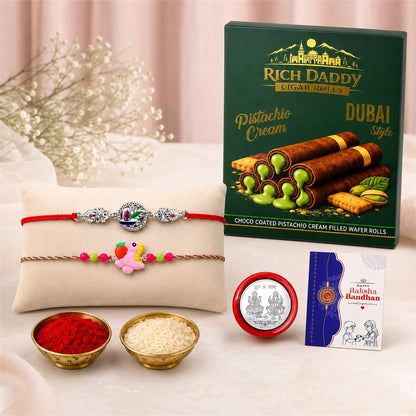 Dinosaur charm Rakhi for Brother with Pistachio Cream Wafer Rolls, Pack of 6