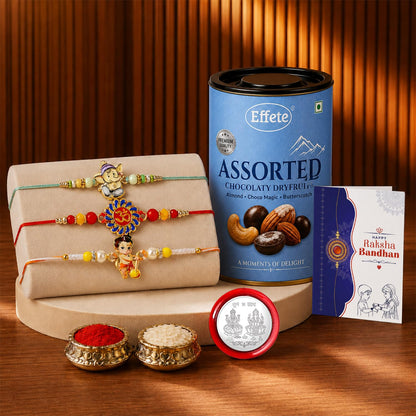 Om, Ganesha Rakhi Combo - Raksha Bandhan Gift with Assorted Choco 96gm, Pack of 7