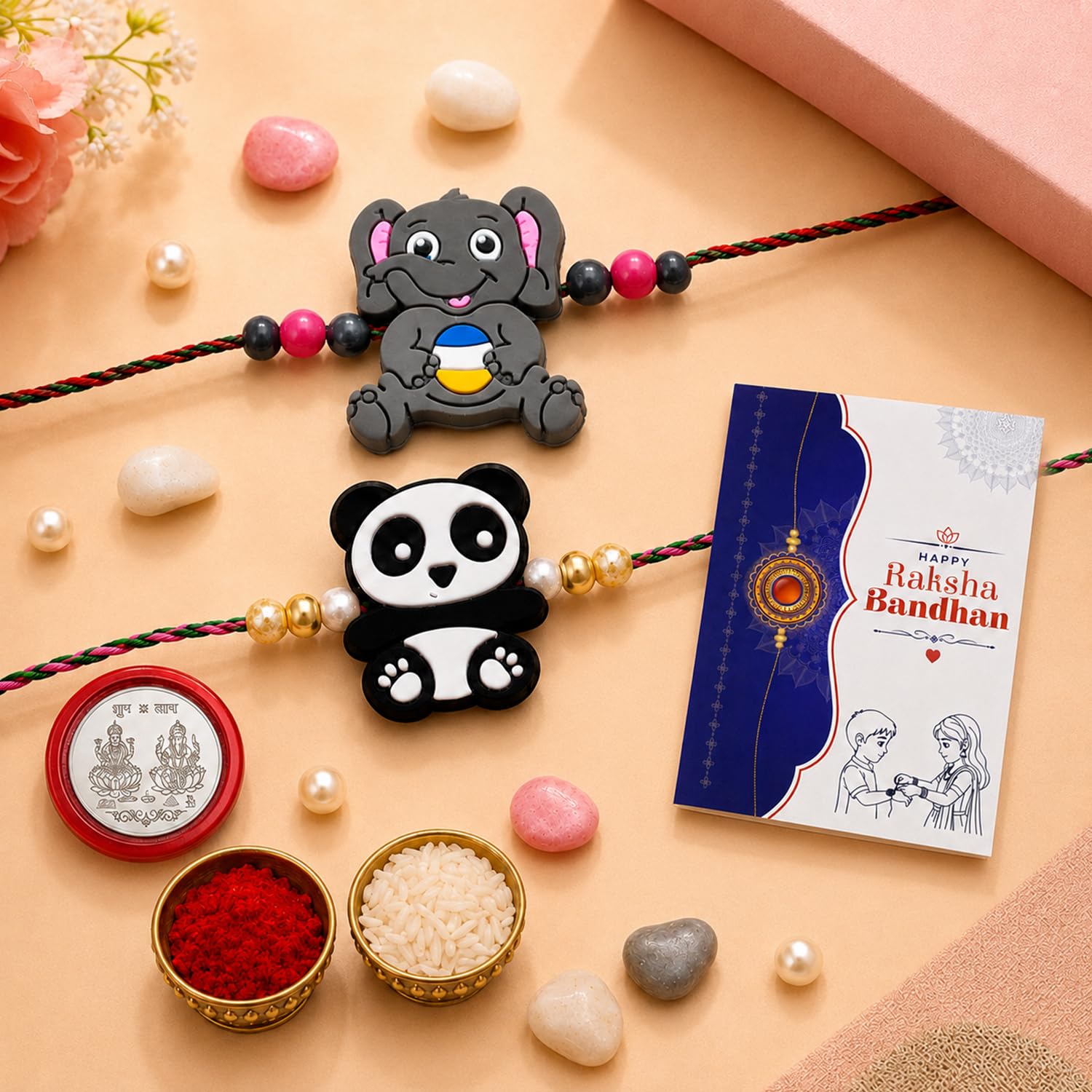 Multicolor Panda Rakhi for Brother with Roli Tikka, Pooja Coin & Card, Pack of 5