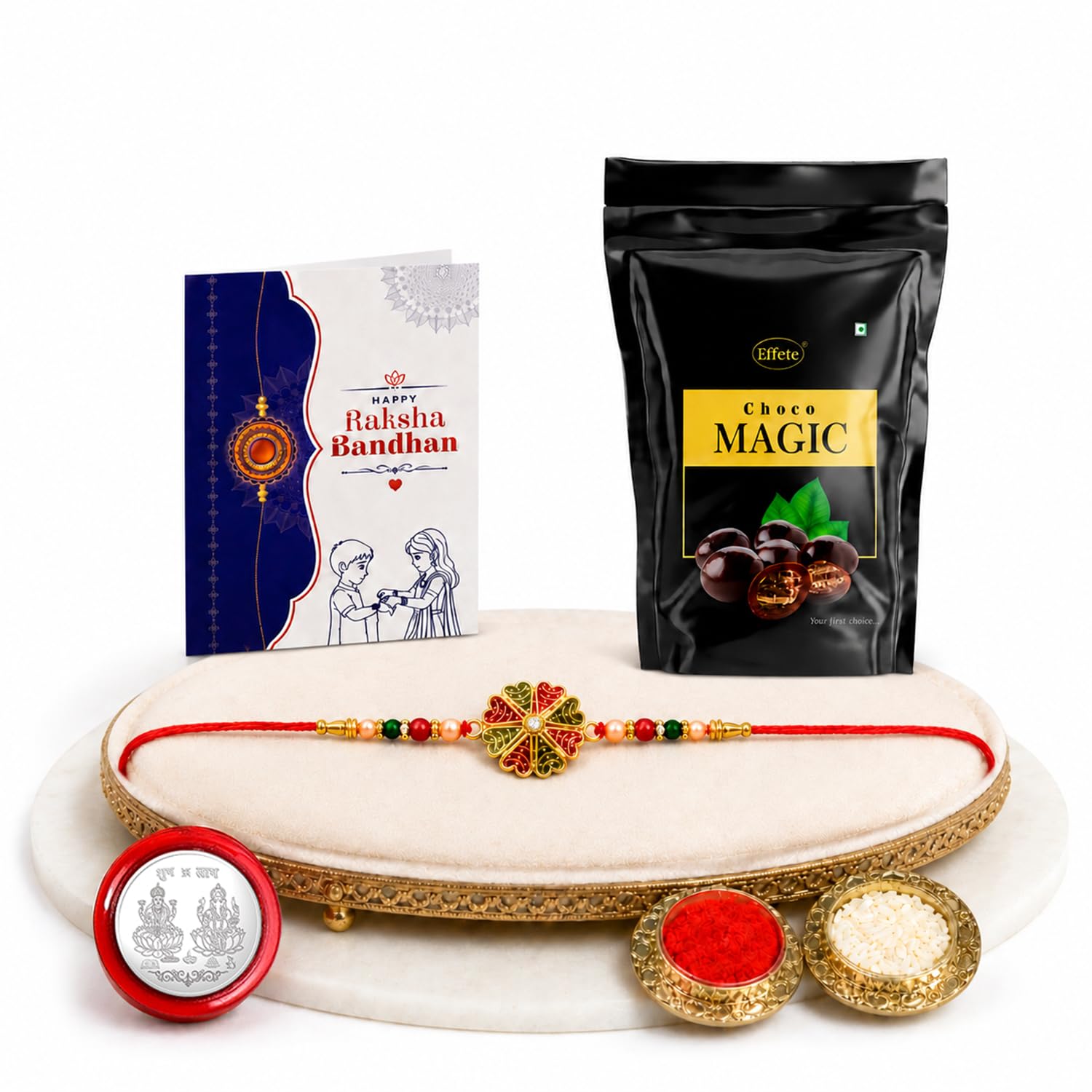 Flower Rakhi for Brother with Choco Magic Pouch, Roli Tikka & Card | Pack of 5