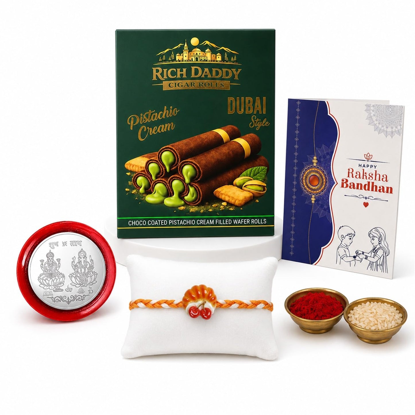 Cherry Charm Multicolor Rakhi – Pistachio Cream Wafer Roll Gift Combo (Pack of 5) For Raksha Bandhan