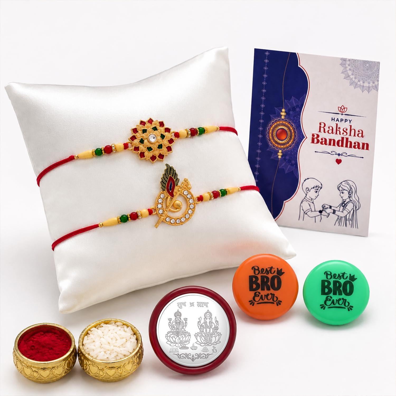 Rakhi Set for Brother (Set of 2) – Flute & Flower Design Rakhi Combo with Roli