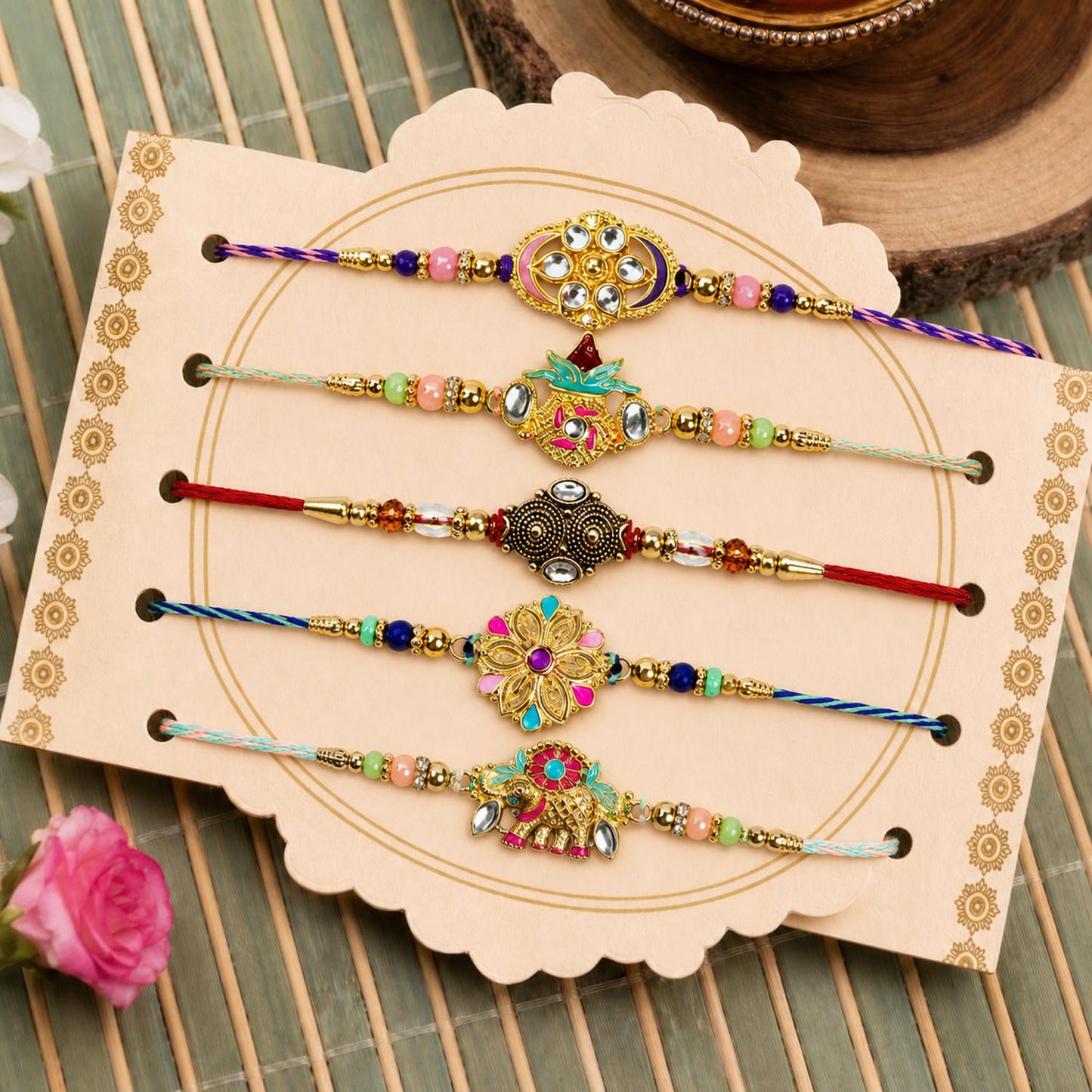 Handcrafted Classic Rakhi for Brother with Roli Tikka & Greeting Card, Pack of 8