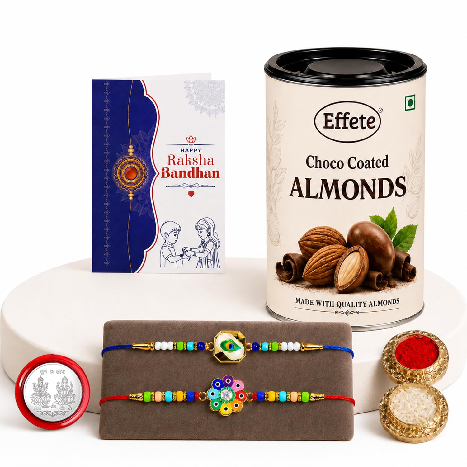 Peacock, Flower Rakhi Combo - Raksha Bandhan Gift with Choco Almonds 96gm, Pack of 6