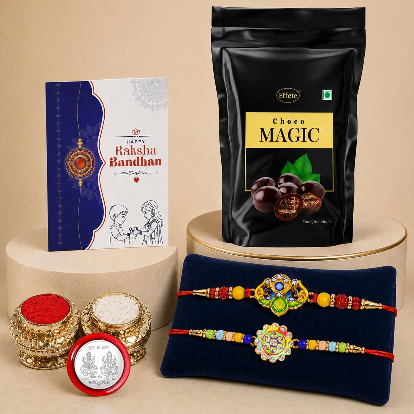 Trishul, Spiral Rakhi Combo - Raksha Bandhan Gift with Choco Magic Standy Pouch, Pack of 6