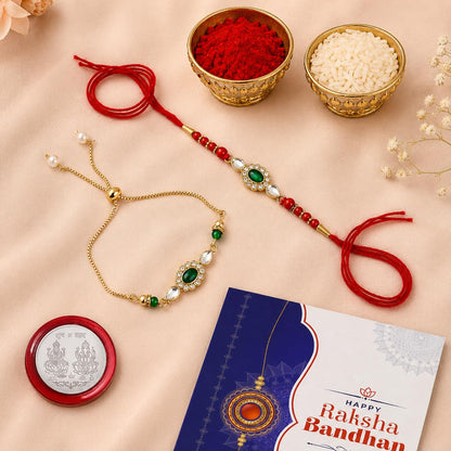 Ethnic Multicolor Stone Bead Diamond Rakhi for Brother with Roli Tikka, Pack of 4