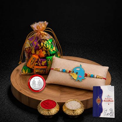 Kids Rakhi for Brother with Assorted Treats 10pcs, Roli Chawal & Card, Pack of 5