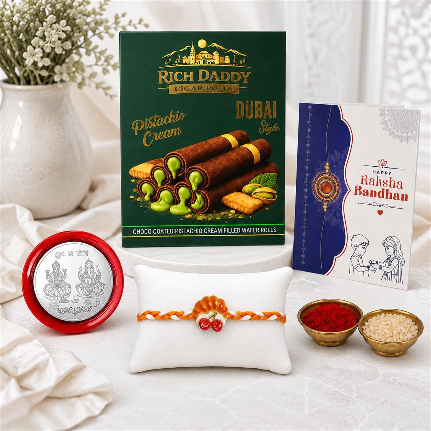 Cherry Charm Multicolor Rakhi – Pistachio Cream Wafer Roll Gift Combo (Pack of 5) For Raksha Bandhan