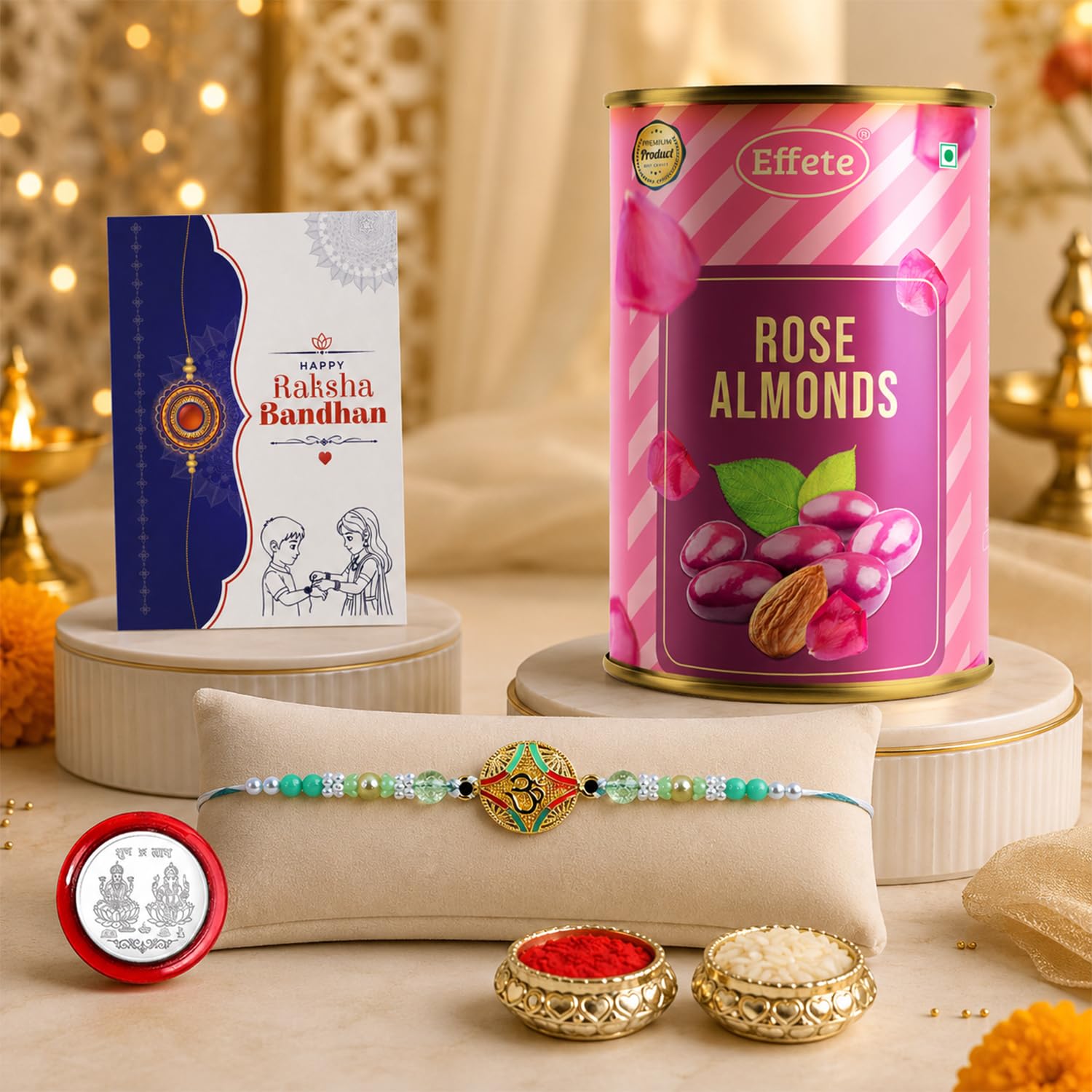Multicolor Om Rakhi & Rose Almond 96gm with Roli Chawal, Silver Color Pooja Coin & Greeting Card, Rakhi with chocolate, Rakshbandhan Combo, Pack of 5 For Raksha Bandhan