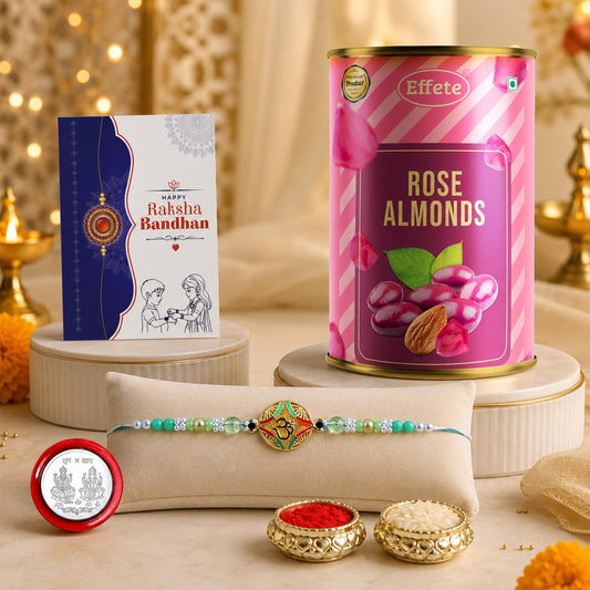 Om Rakhi for Brother with Rose Almond 96gm, Roli Tikka & Greeting Card, Pack of 5