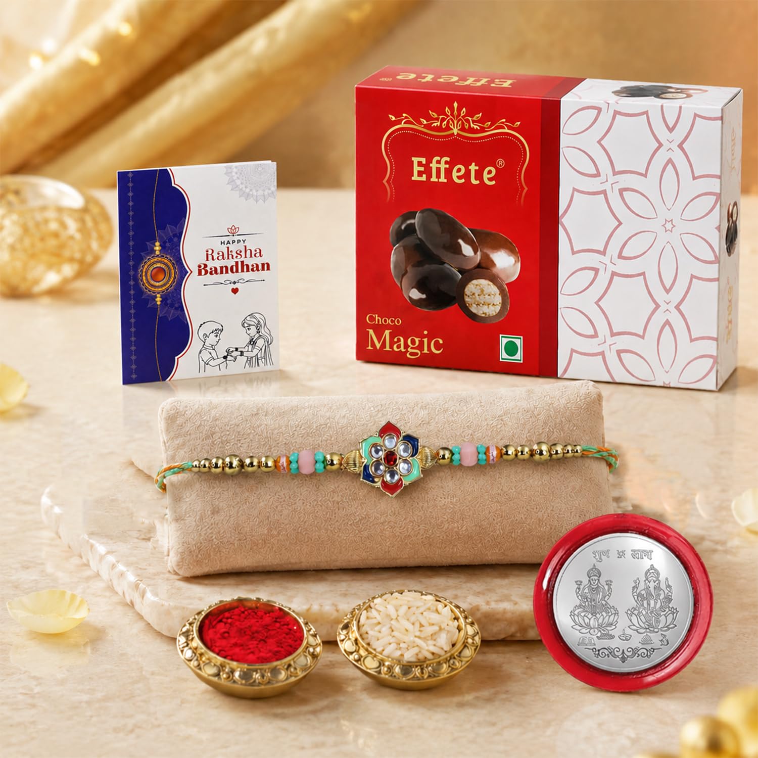Kundan Rakhi for Brother with Chocolate Magic 32gm, Roli Tikka & Card, Pack of 5