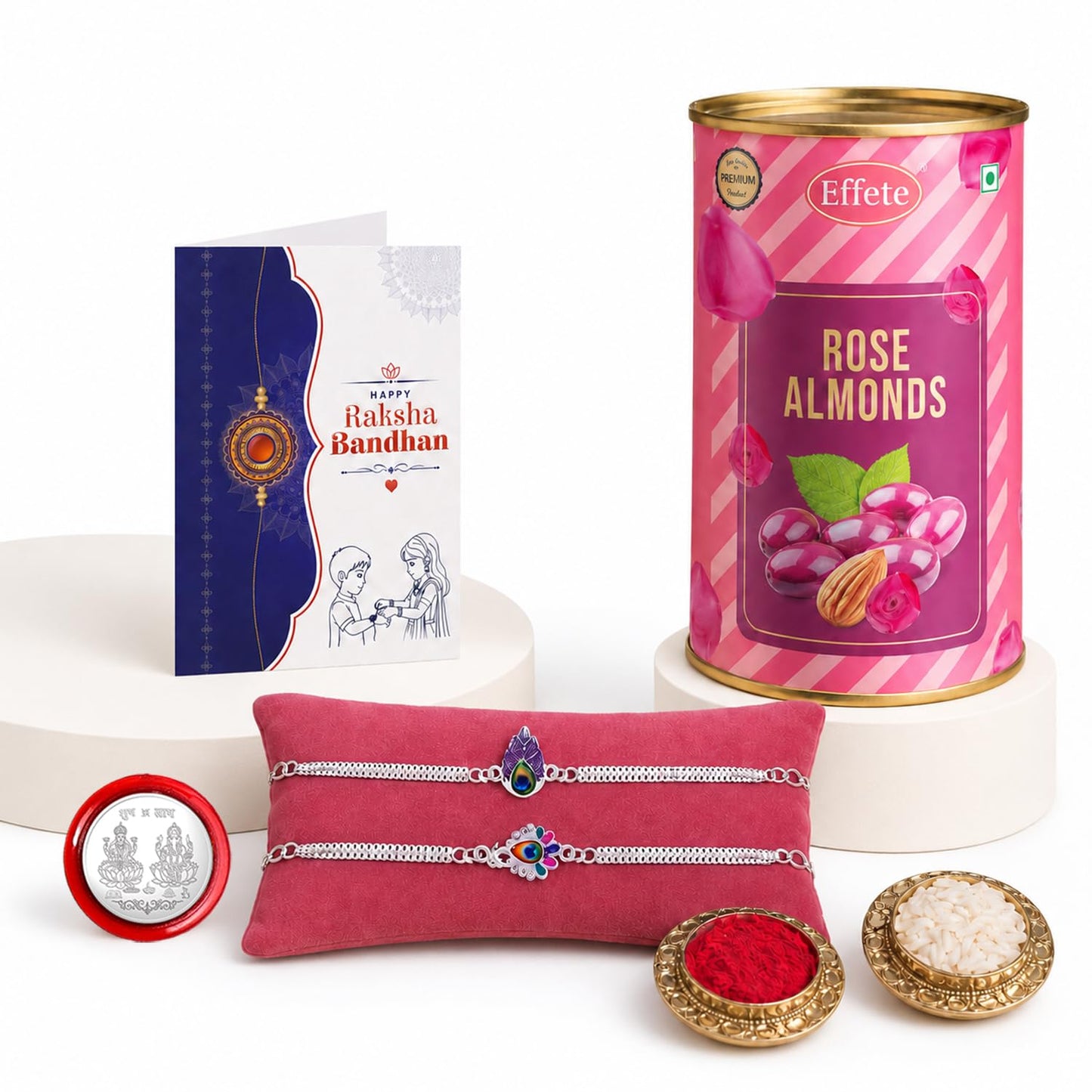 Designer Rakhi for Brother with Rose Almond 96gm, Roli Tikka & Card, Pack of 6