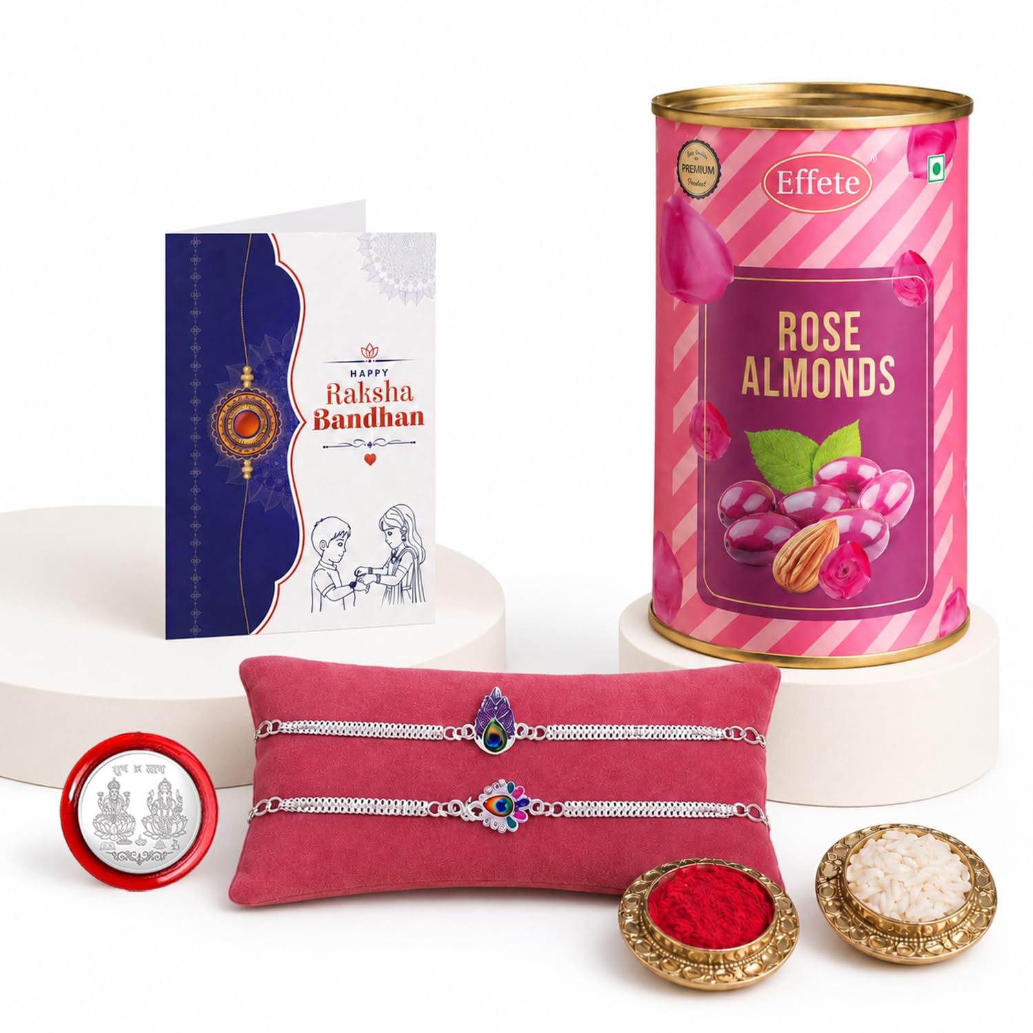 Designer Rakhi for Brother with Rose Almond 96gm, Roli Tikka & Card, Pack of 6